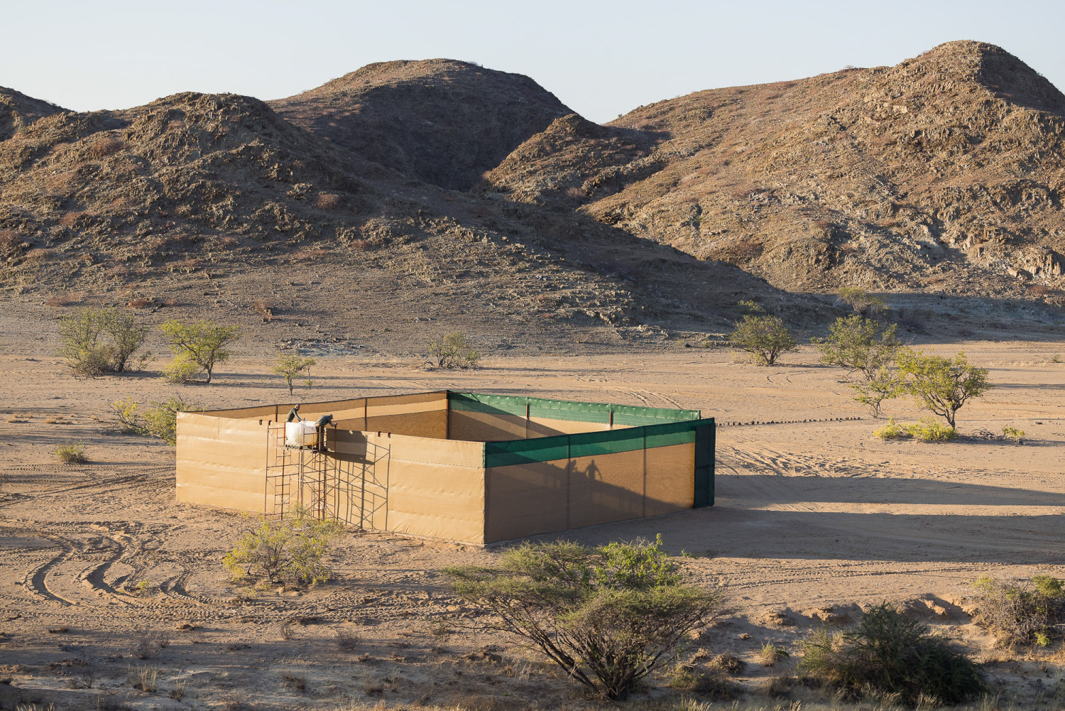 African Parks conservation: Habitat structure in arid landscape with mountains. Staff on ladder.