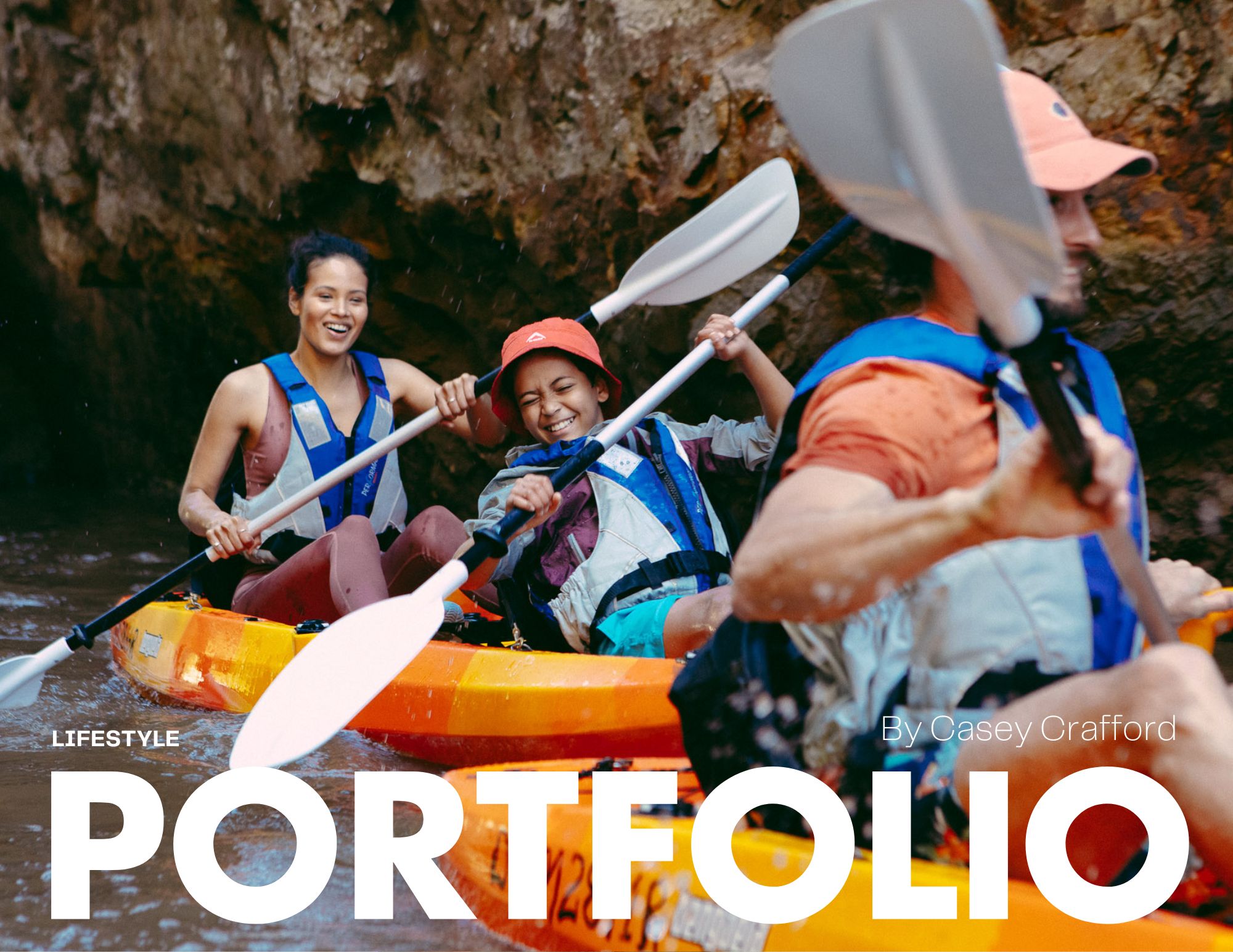 Group kayaking through scenic rocky waterway adventure