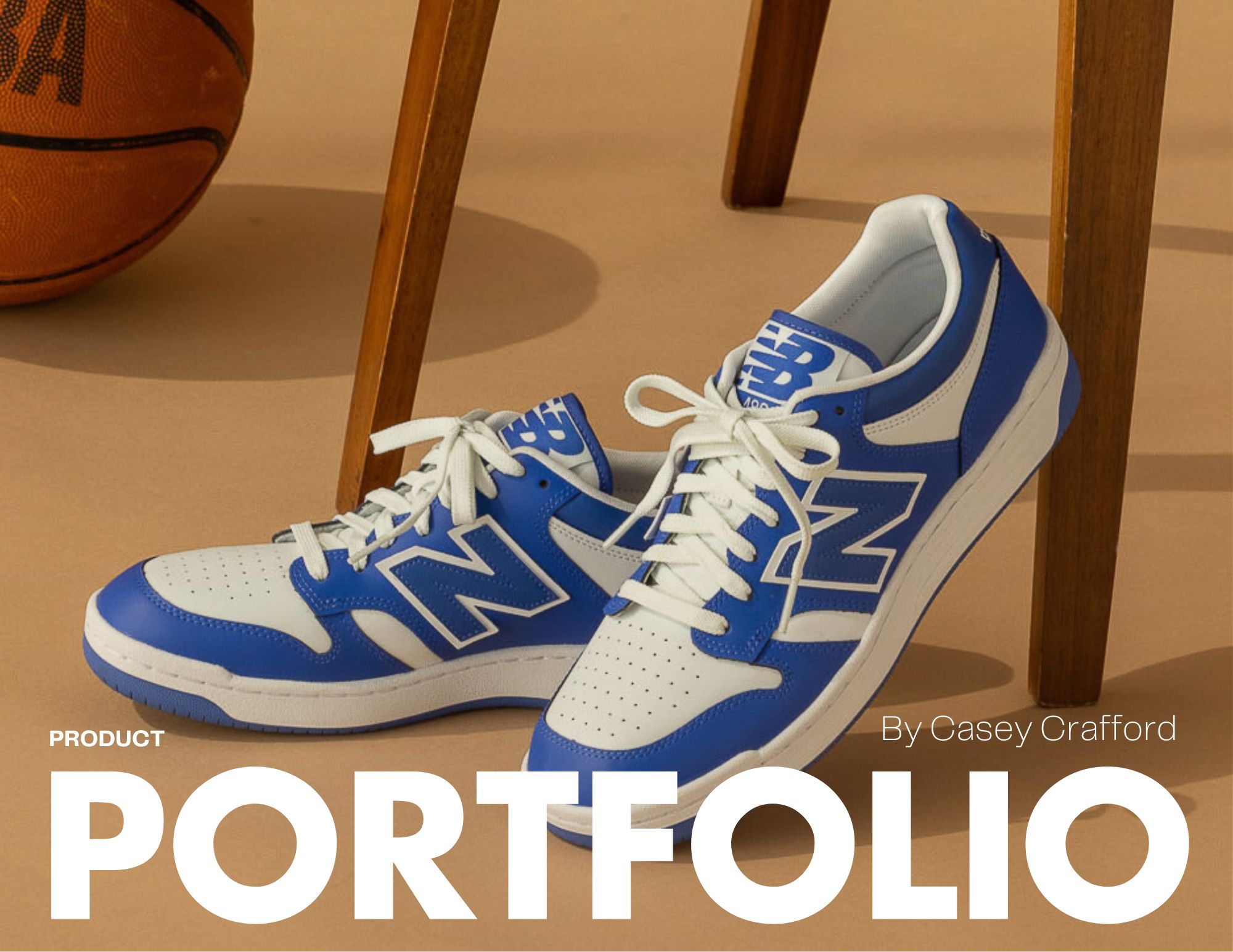 Blue and white sneakers on brown floor.