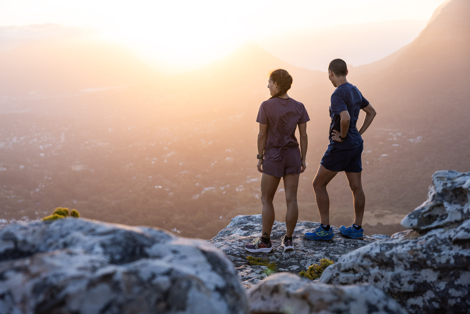 Hikers enjoying mountain view at sunrise moment