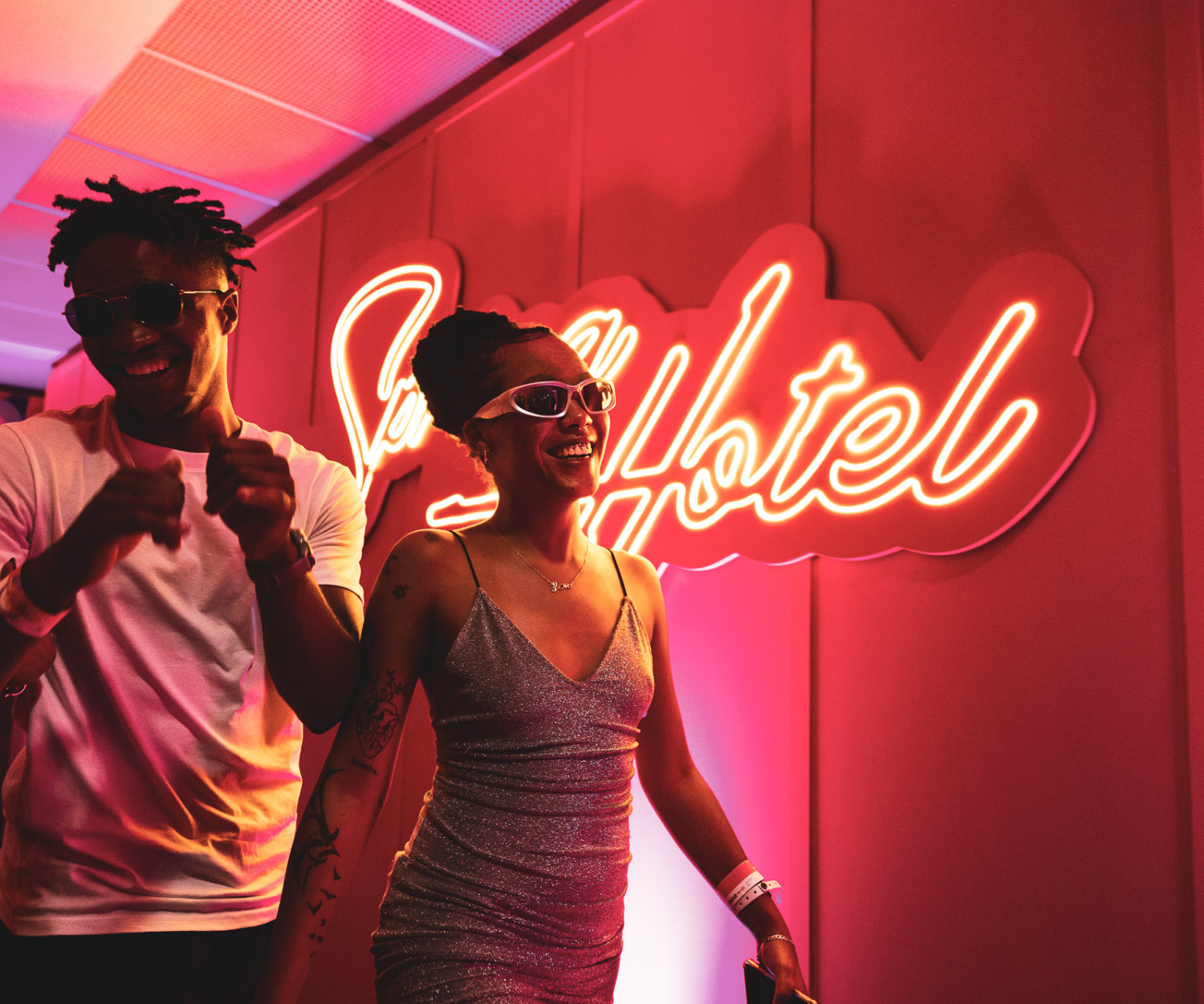 Couple enjoying night out at trendy hotel