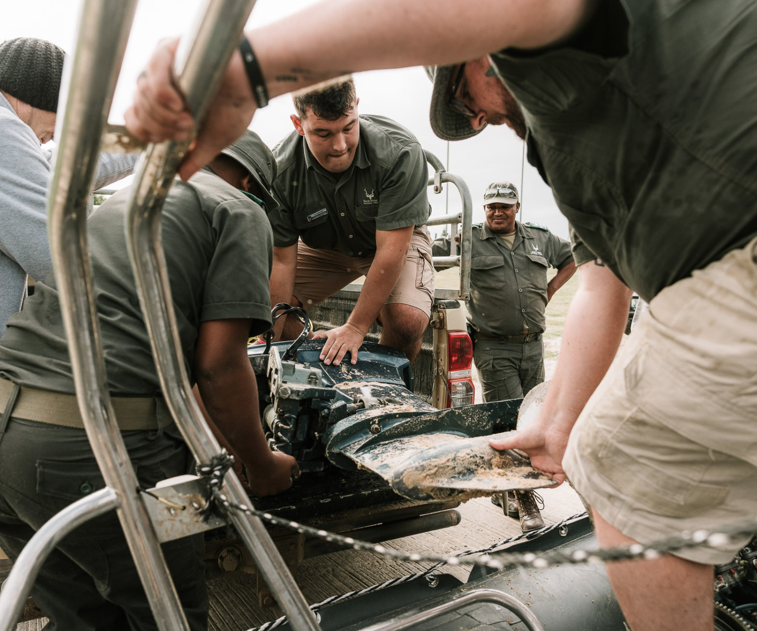 SANParks staff confiscate a boat motor at Addo Elephant National Park. Conservation and tourism in South Africa.