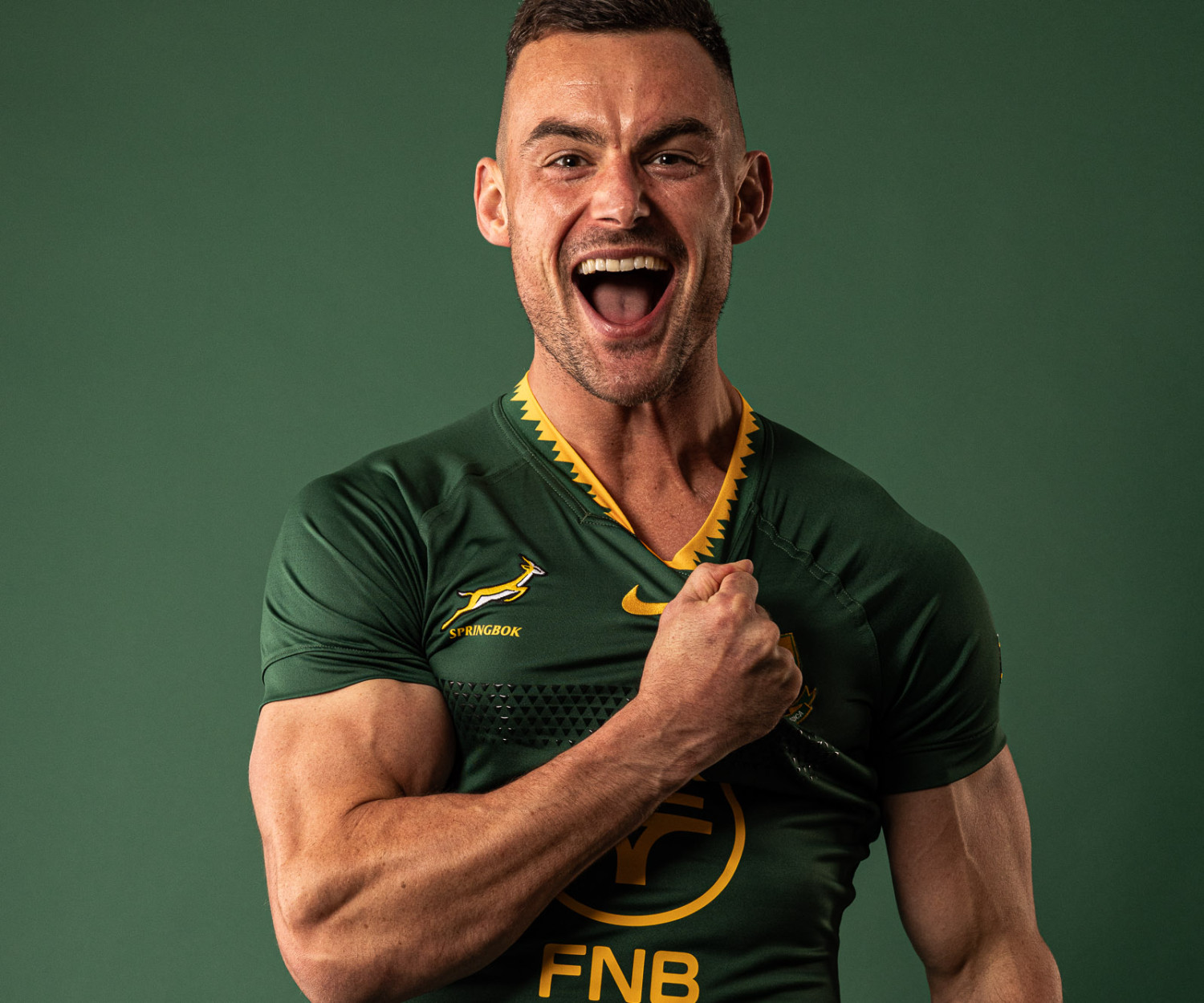 Jesse Kriel, SA Rugby player, celebrates in Springboks jersey. South African rugby union team.